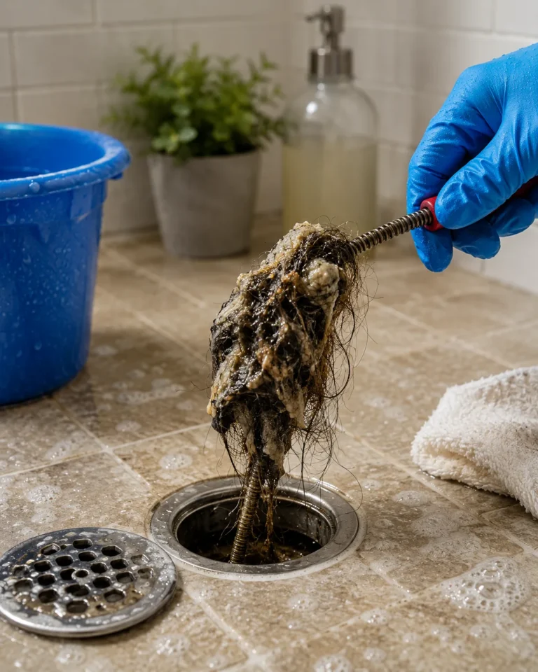 DIY shower drain cleaning with a manual drain snake pulling out a large hair clog