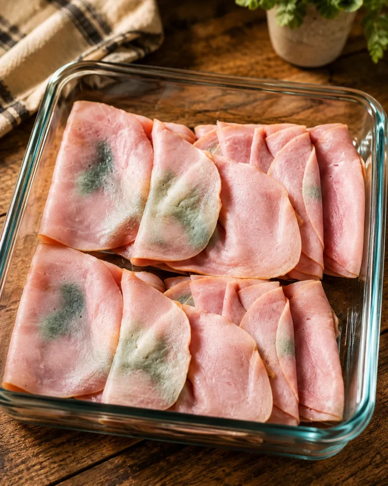 Questionable sliced deli meat in an open container inside a refrigerator