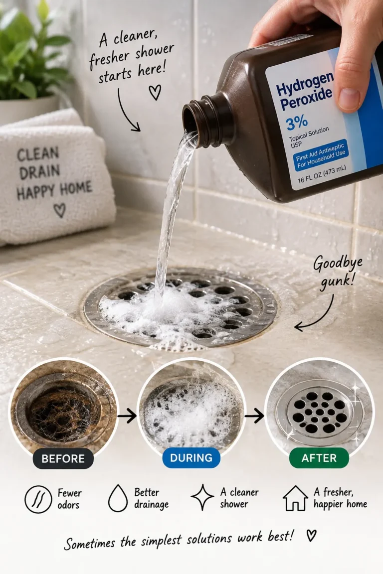 Pouring hydrogen peroxide in shower drain to clean buildup