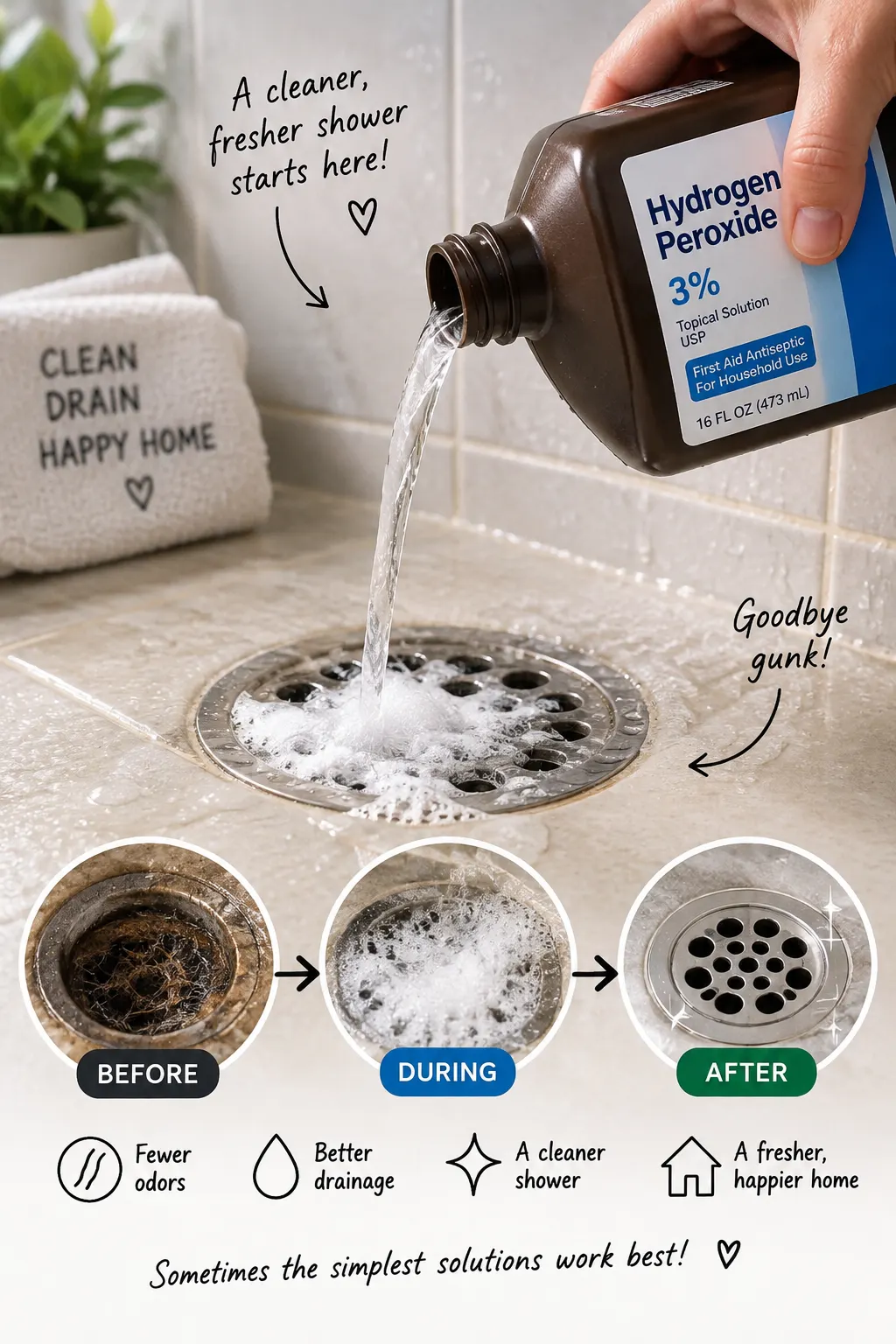 Pouring hydrogen peroxide in shower drain to clean buildup