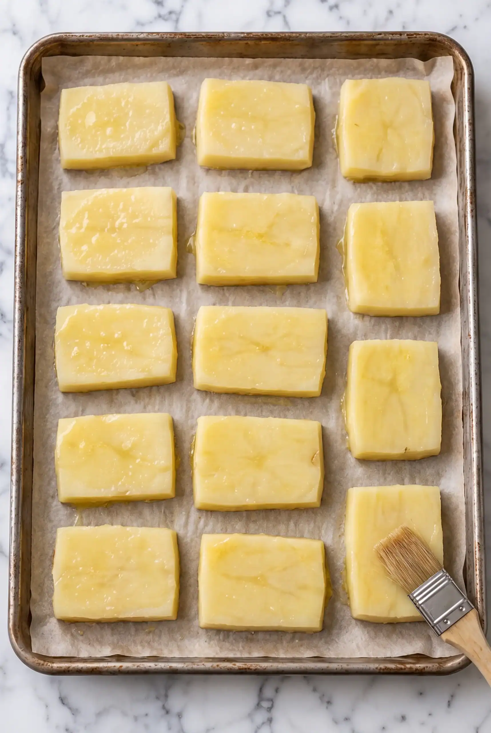 Potato tiles brushed with butter on a baking sheet