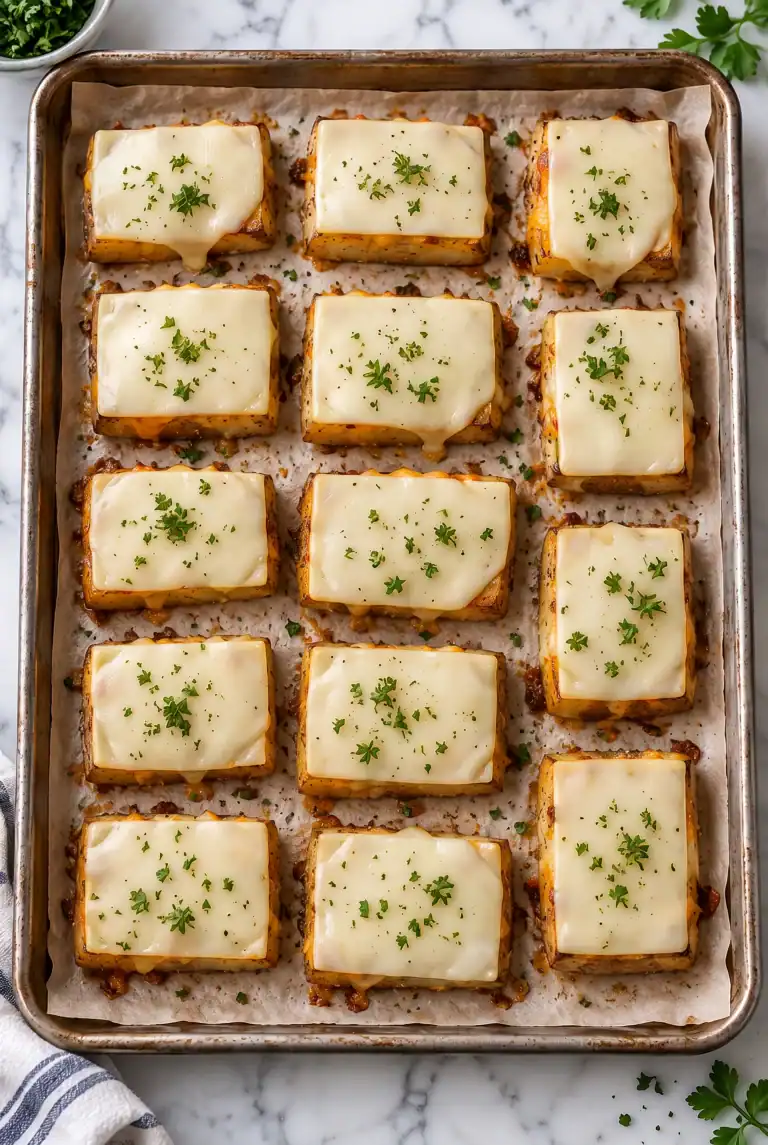 Baked potato tiles topped with Muenster cheese and herbs
