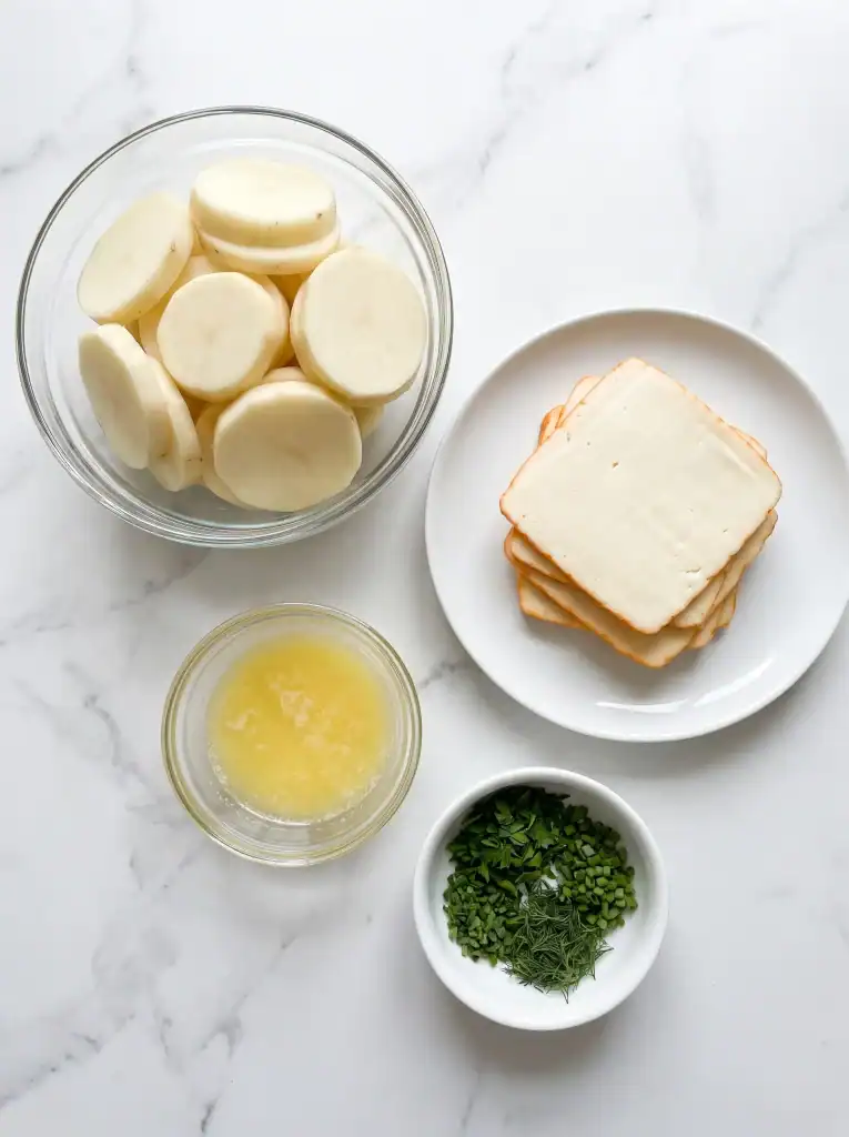 Potatoes, Muenster cheese, melted butter and herbs for potato bites