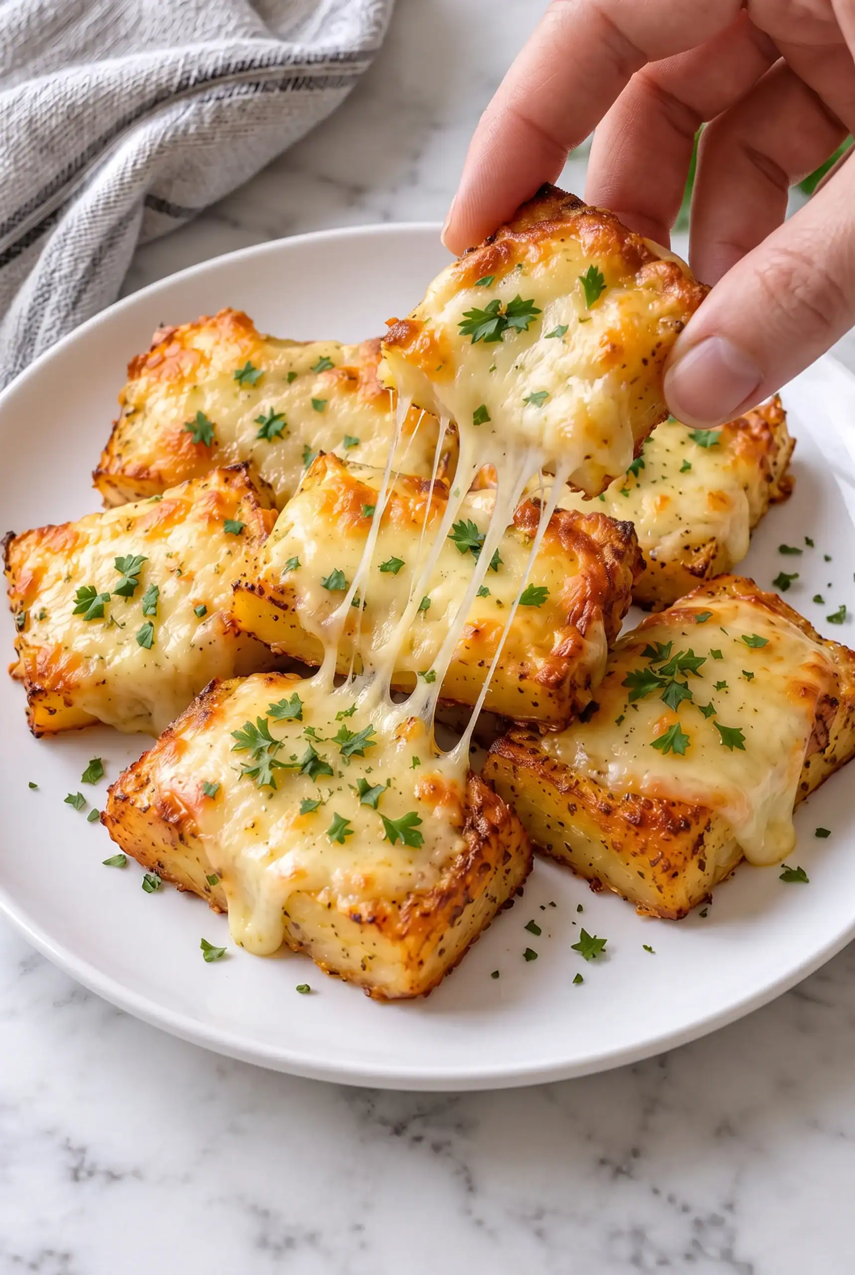 A Muenster cheese potato bite lifted from the serving plate