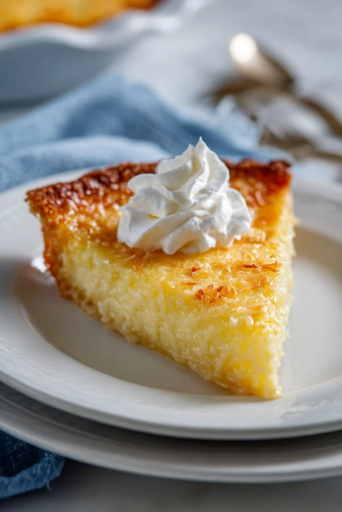 Deliciously baked Impossible Coconut Pie with shredded coconut and a golden crust.