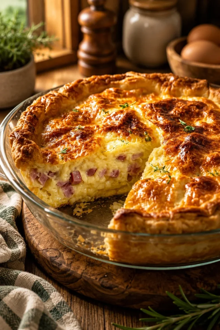 Delicious Impossible Ham And Swiss Pie served on a plate with a fresh garnish.
