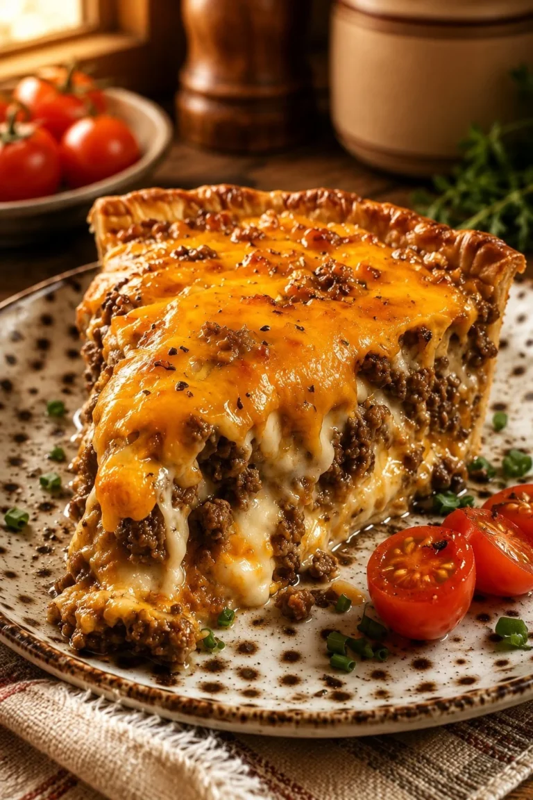 Delicious Impossible Taco Pie served with toppings on a rustic wooden table