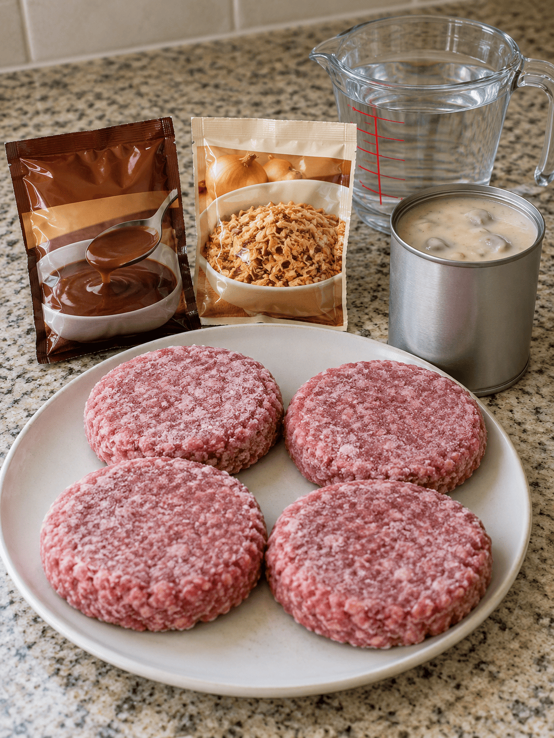 Ingredients for oven-baked hamburger steaks: frozen patties, gravy mix, onion soup mix, mushroom soup and water