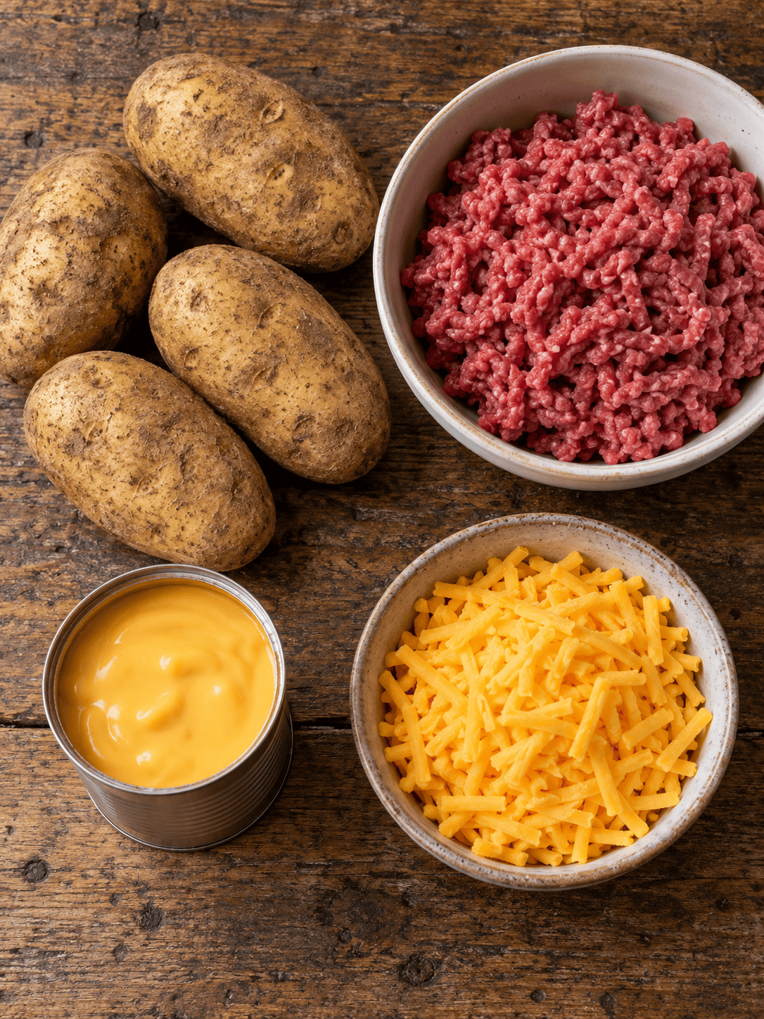 Potatoes, ground beef, condensed cheddar soup, and shredded cheddar for the casserole