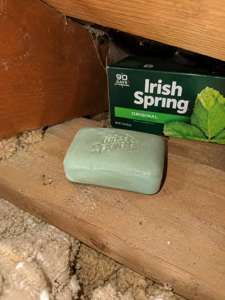 Bar of green soap placed in an attic near boxes as a home remedy for mice