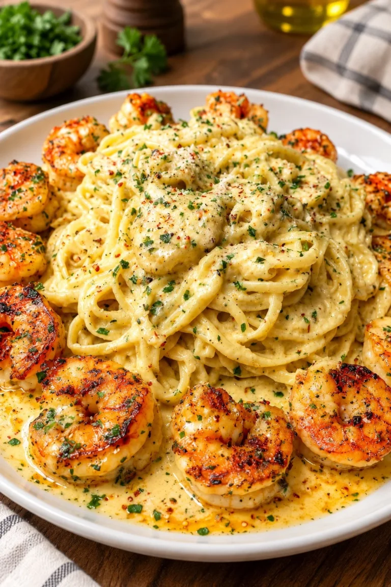 Garlic butter shrimp linguine served with parsley and lemon