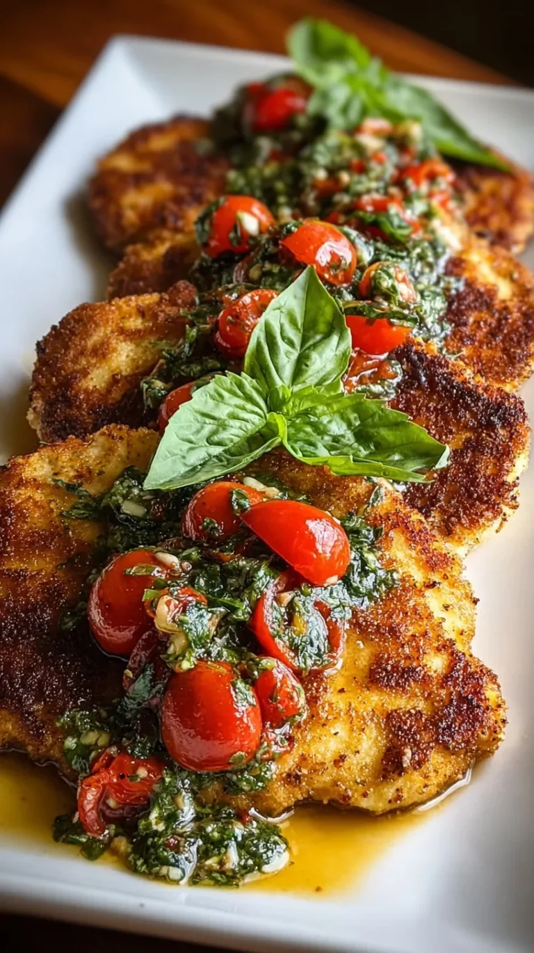 Golden brown Italian Basil Chicken Cutlets on a serving plate garnished with fresh basil