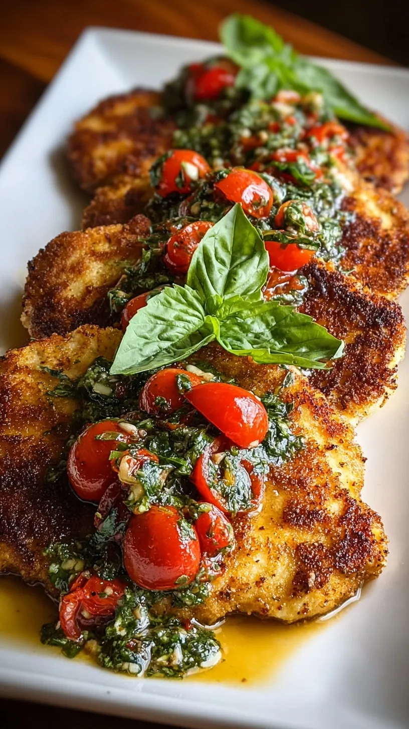Golden brown Italian Basil Chicken Cutlets on a serving plate garnished with fresh basil