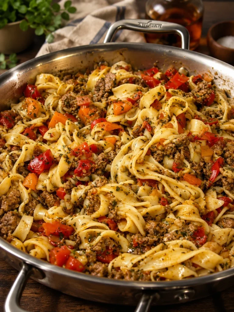 Plate of Italian drunken noodles garnished with fresh herbs and vegetables