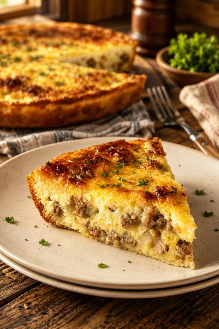 Slice of Italian Impossible Pie with a rich custard texture and flaky crust