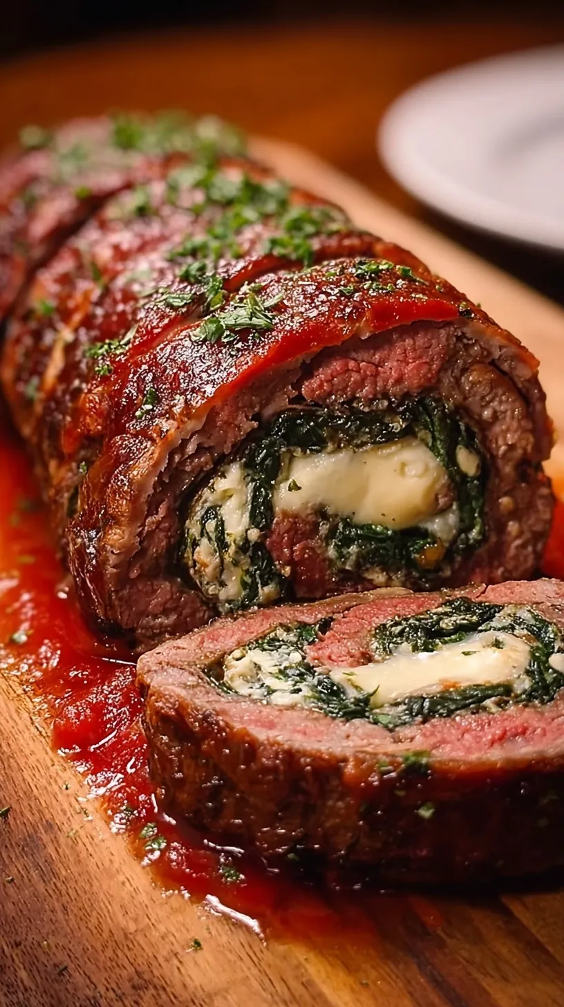 A sliced Italian stuffed beef roll showing layers of spinach and melted provolone cheese in a rich red sauce.