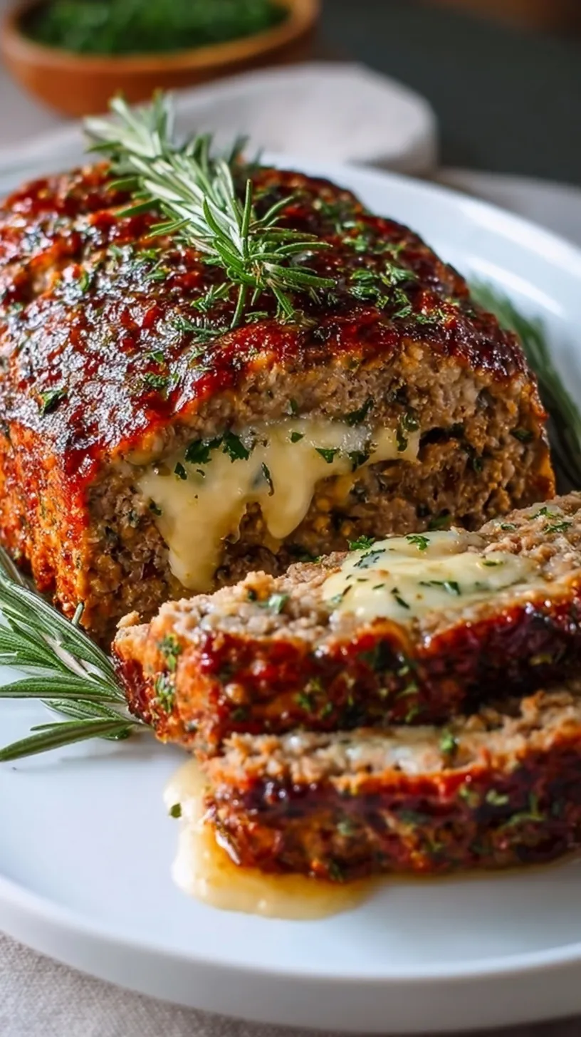 A thick slice of Italian-style stuffed meatloaf showing a melty mozzarella cheese center and marinara topping.