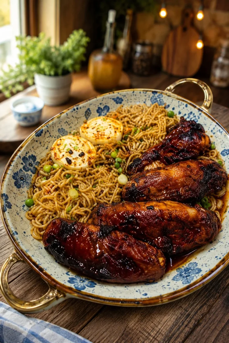 Jamaican jerk chicken wing ramen noodles in a bowl with fresh herbs
