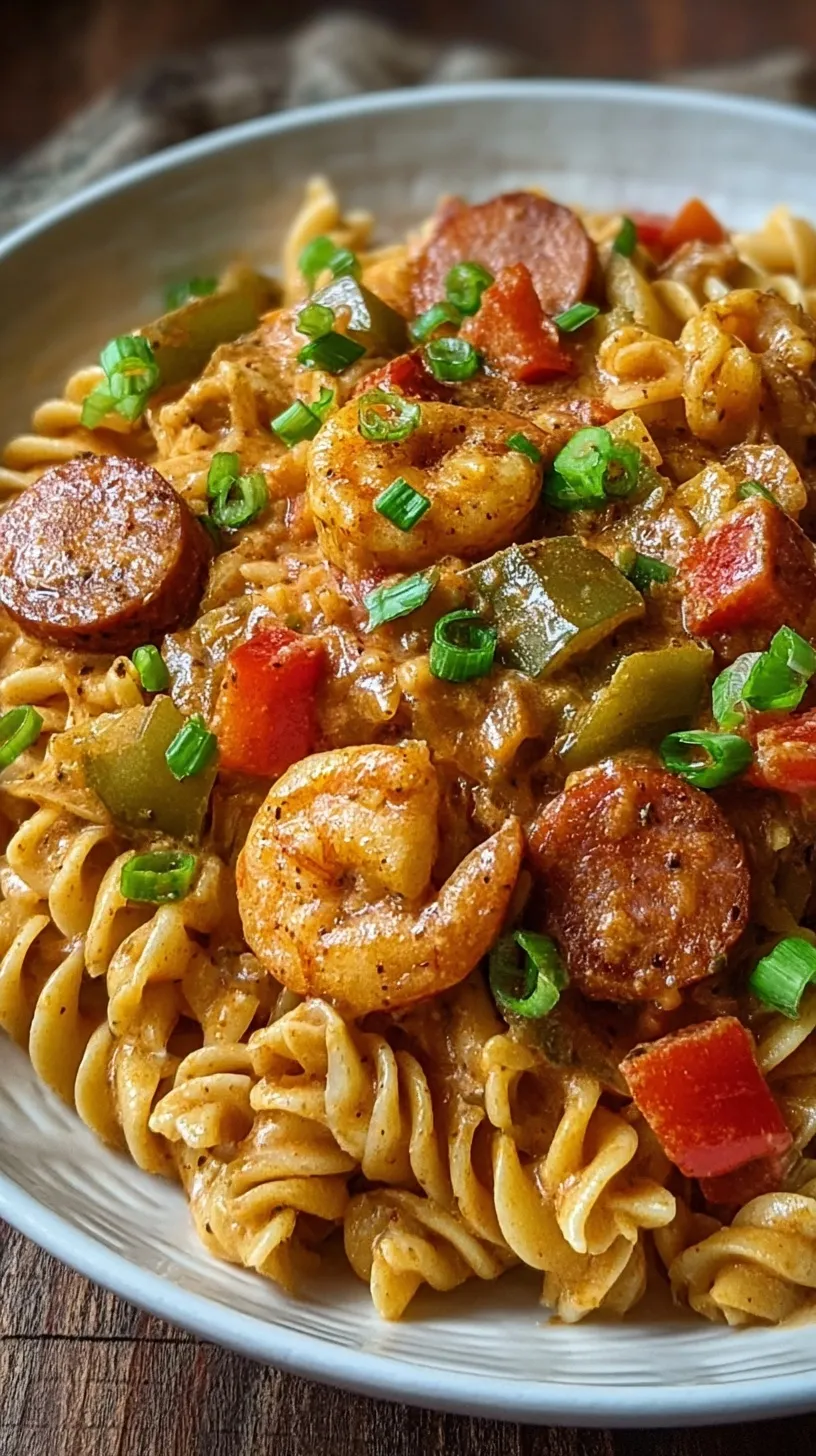 A steaming bowl of creamy Cajun pasta with shrimp, sliced andouille sausage, and chicken garnished with green onions.
