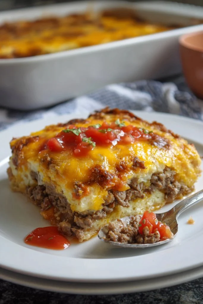 John Wayne Casserole served in a baking dish with toppings