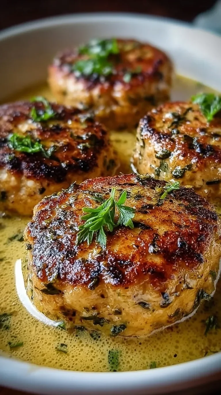 Golden brown chicken patties in a skillet with garlic butter sauce and fresh parsley
