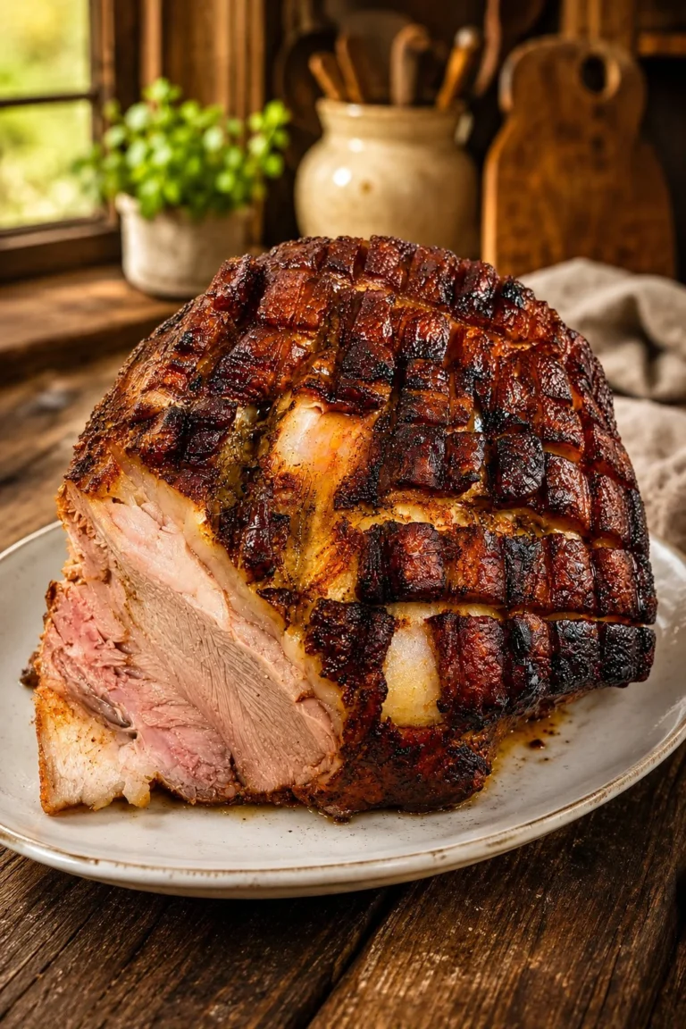 Juicy sliced roast pork shoulder served on a wooden cutting board