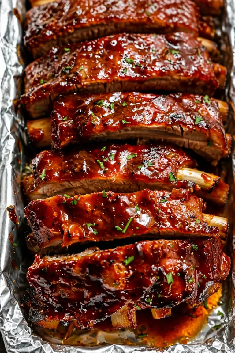 Kansas City ribs coated in thick BBQ sauce, baked until tender and glazed with a sweet sticky finish