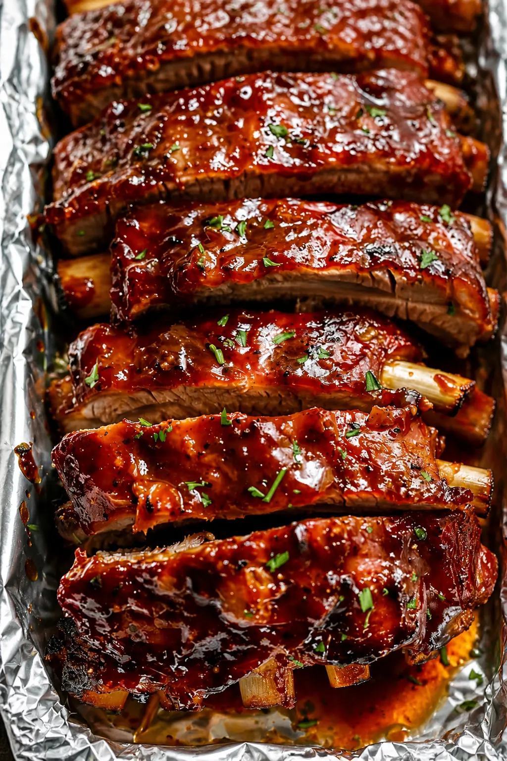Kansas City ribs coated in thick BBQ sauce, baked until tender and glazed with a sweet sticky finish