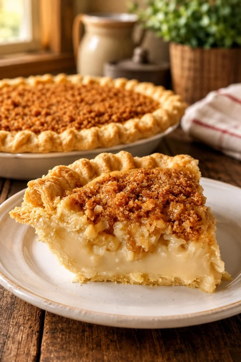 Delicious slice of Kentucky Sawdust Pie with a flaky crust and rich filling.