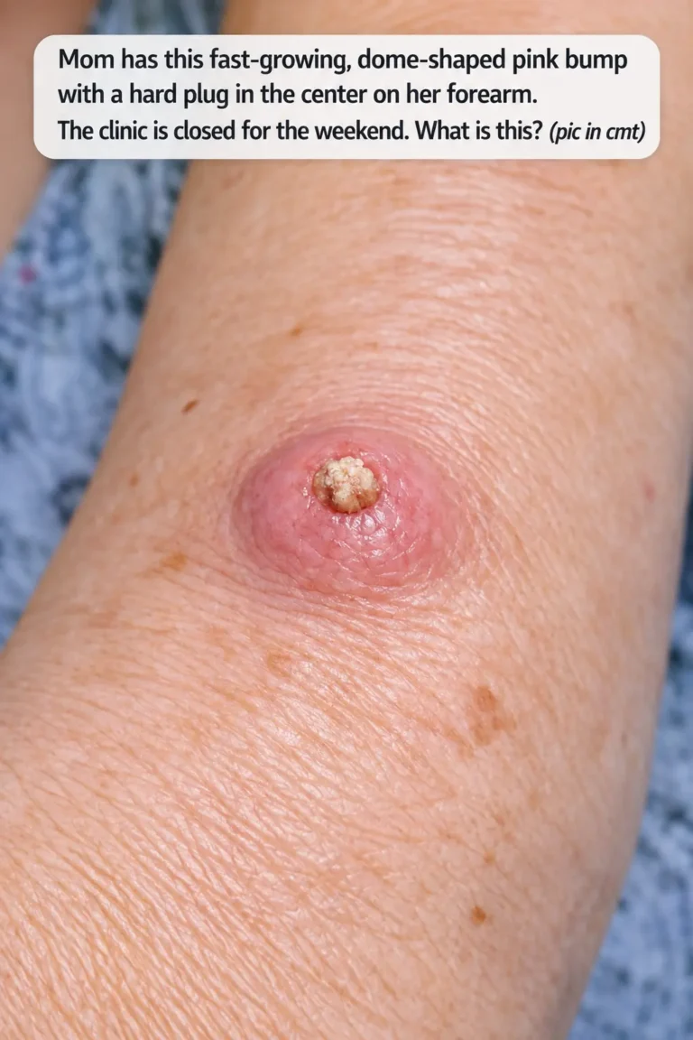 Fast-growing pink keratoacanthoma with a central keratin plug on the forearm