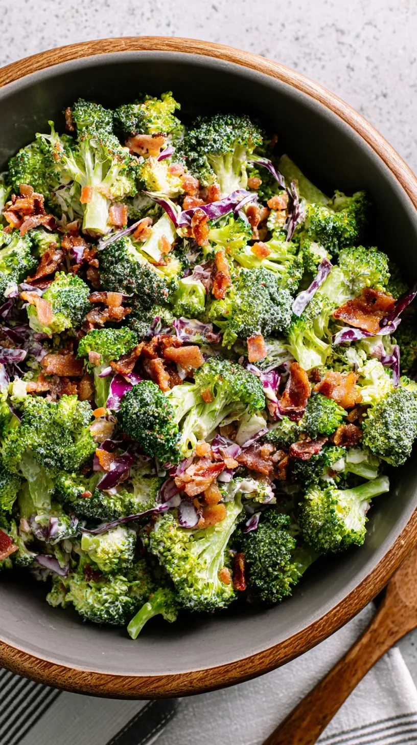 A bowl of creamy keto broccoli salad with bacon bits, shredded cheddar cheese, and red onions.