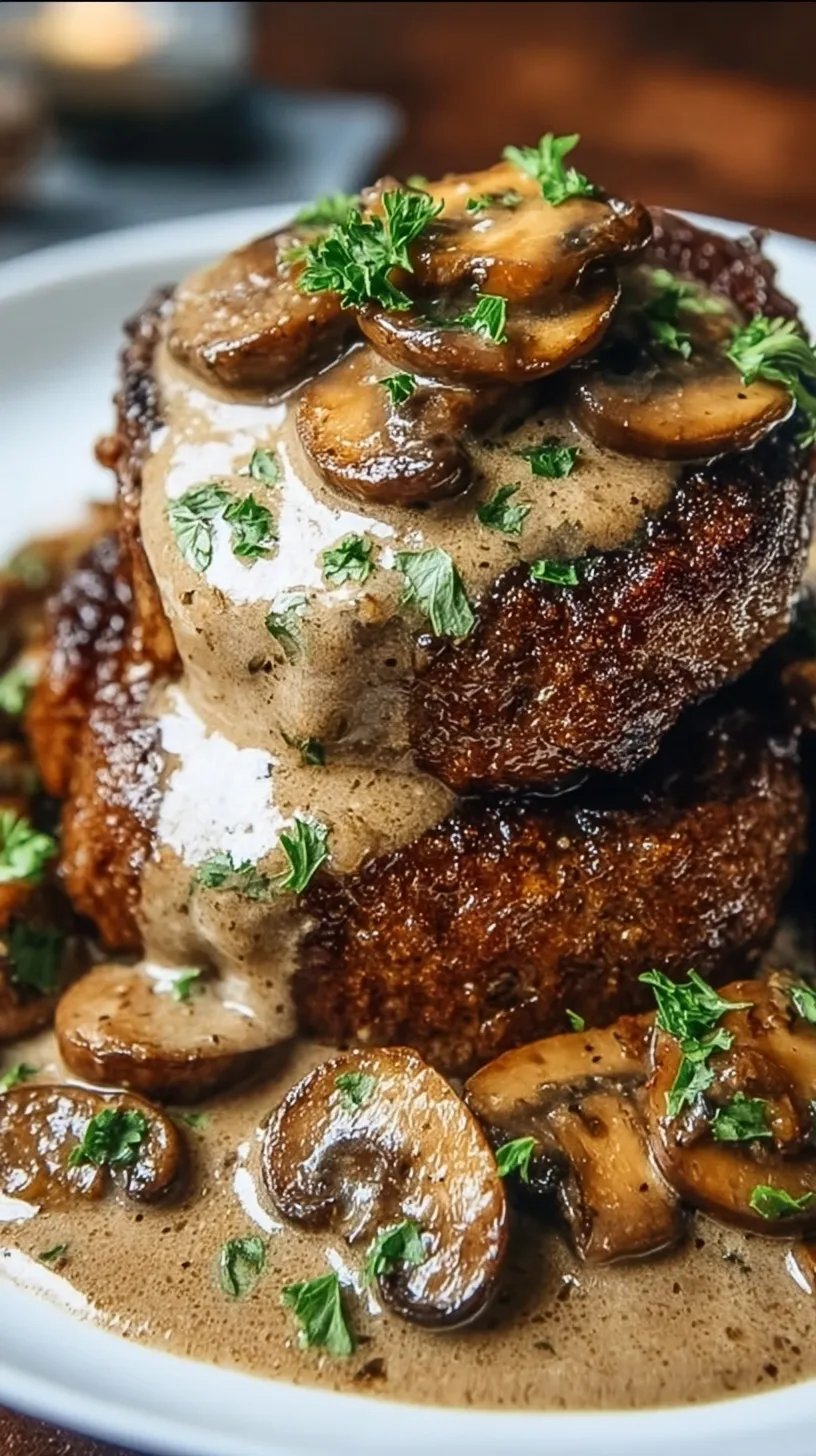 Juicy keto burger steak patties covered in thick mushroom gravy in a cast iron skillet