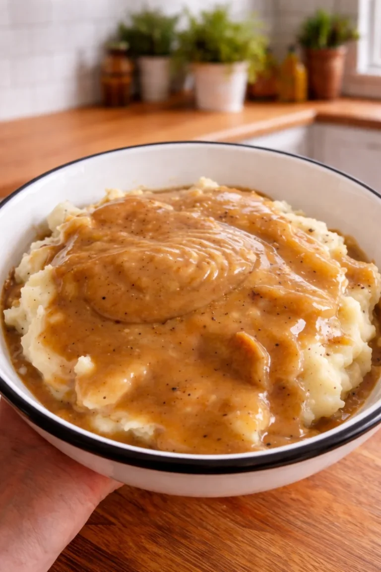 A vertical, eye-level shot of a white bowl with a black rim filled with a large mound of creamy, fluffy mashed potatoes. A thick, glossy, medium-brown gravy is poured generously over the center, with visible specks of cracked black pepper throughout the sauce. The background features a warm, rustic kitchen setting with wooden countertops and potted green herbs in soft focus. A hand is partially visible holding the bowl.