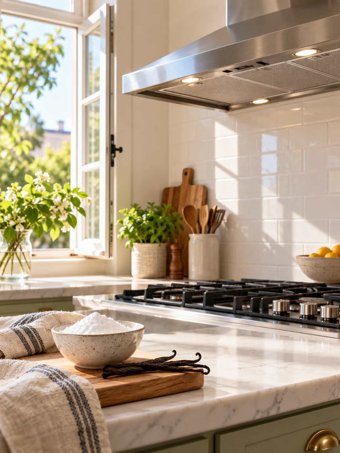 Open kitchen window and range hood for clearing cooking odors