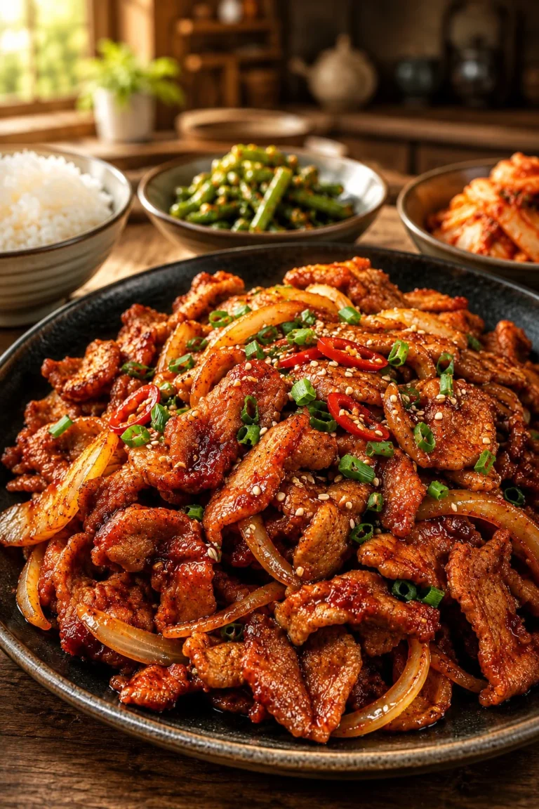 Delicious Korean spicy pork served with vegetables and rice