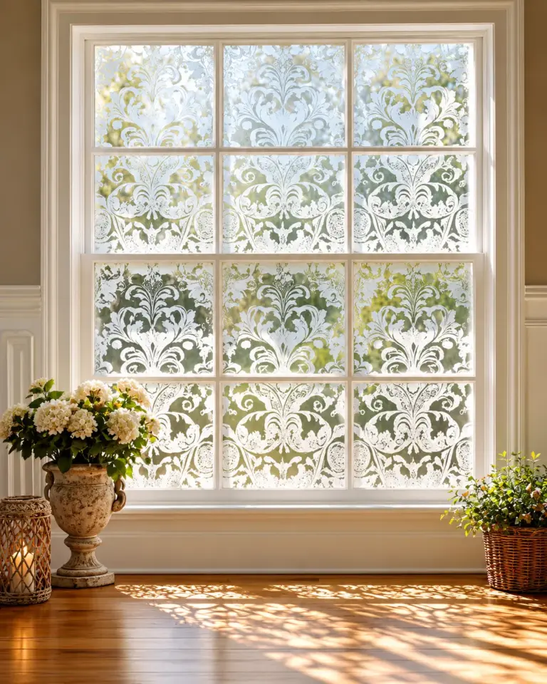 Lace covered windows with cornstarch for DIY window privacy