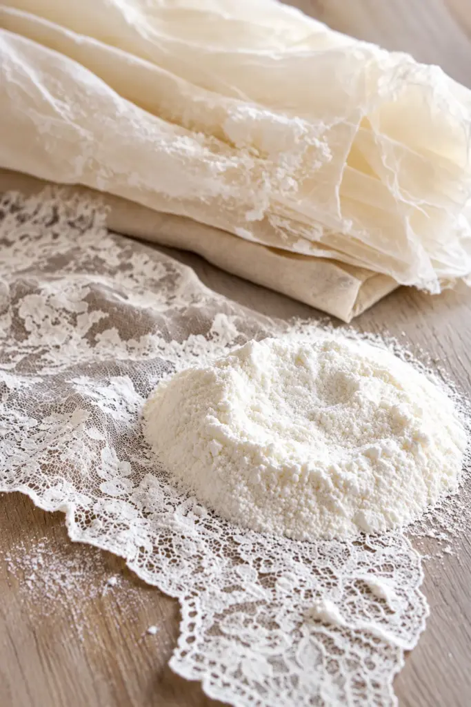 Lace covered windows with cornstarch for DIY window privacy