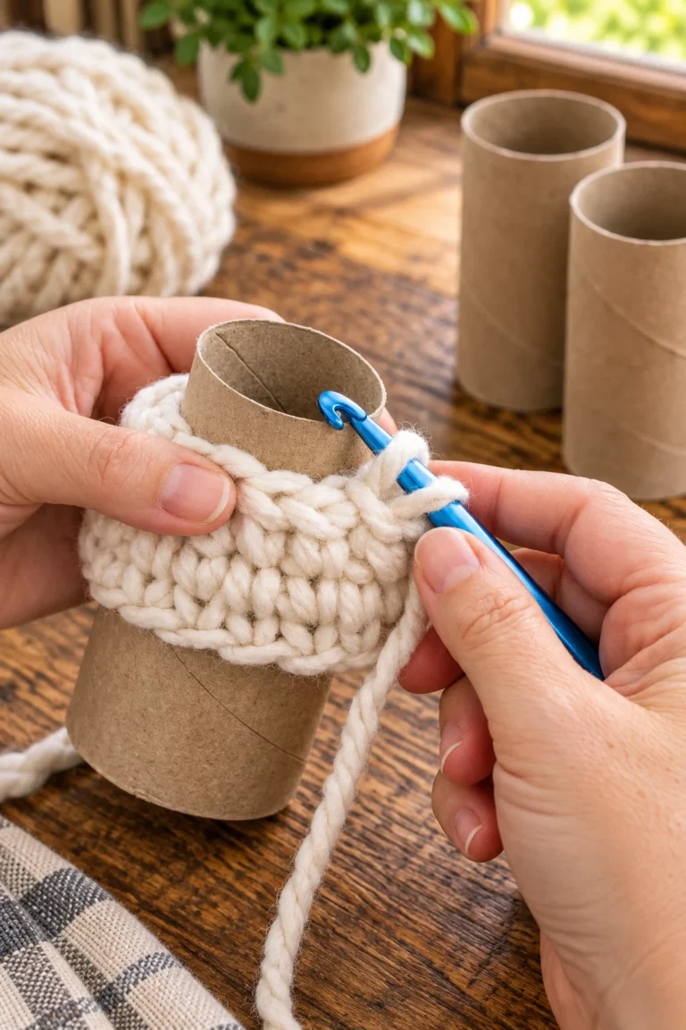 Materials for making a chunky cream crochet garland from recycled paper towel rolls