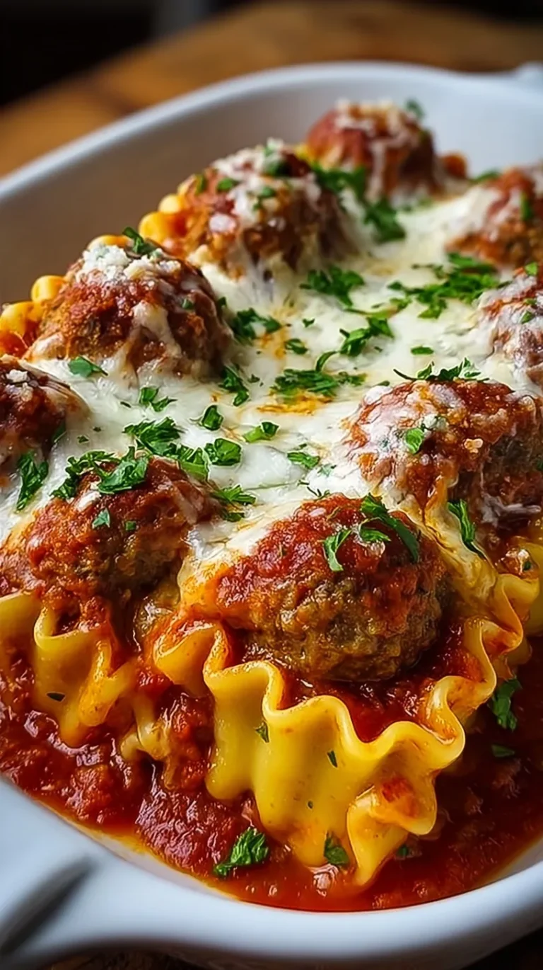 A 9x13 baking dish filled with cheesy lasagna rolls stuffed with meatballs and topped with marinara sauce.