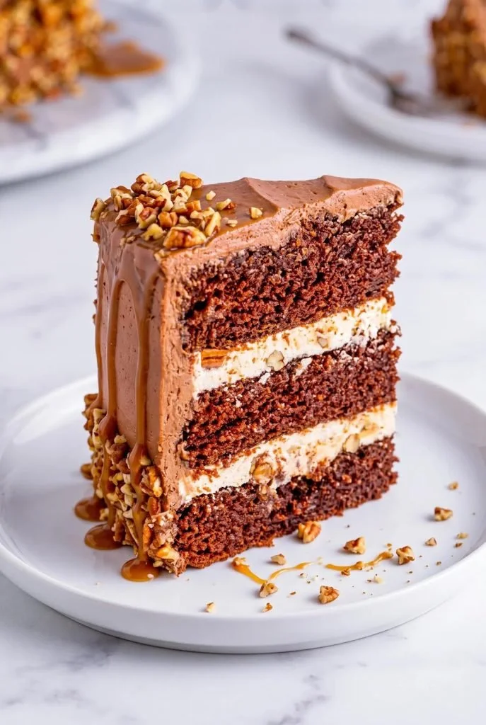 Layer Chocolate Turtle Cake garnished with caramel and pecans