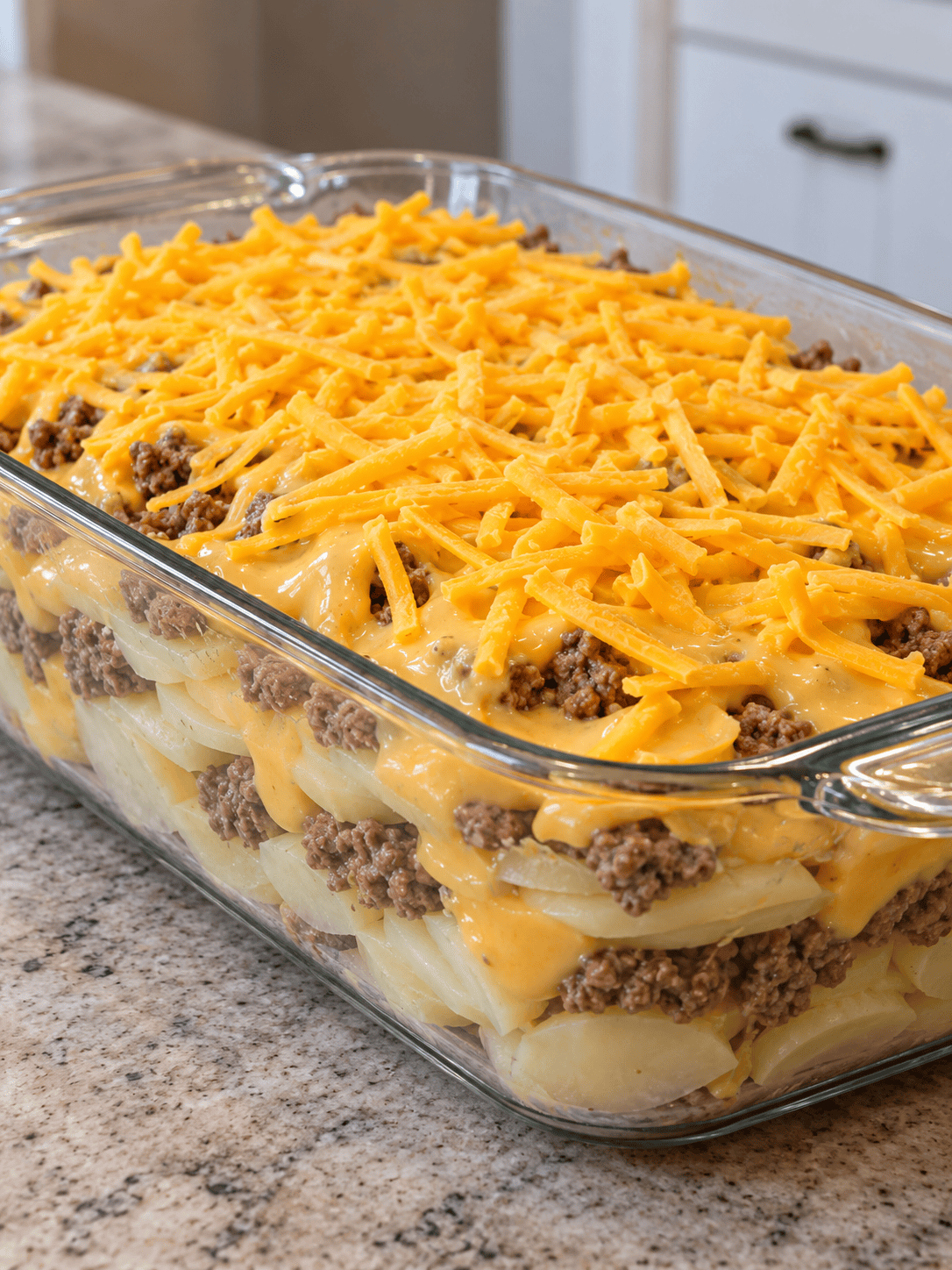 Unbaked layers of potatoes, ground beef, cheddar soup, and shredded cheese