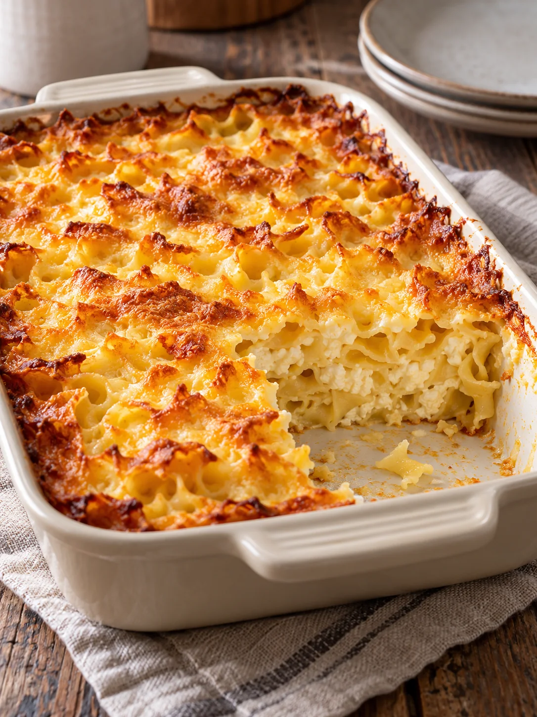 Golden layered egg noodle casserole in a white baking dish with a portion removed