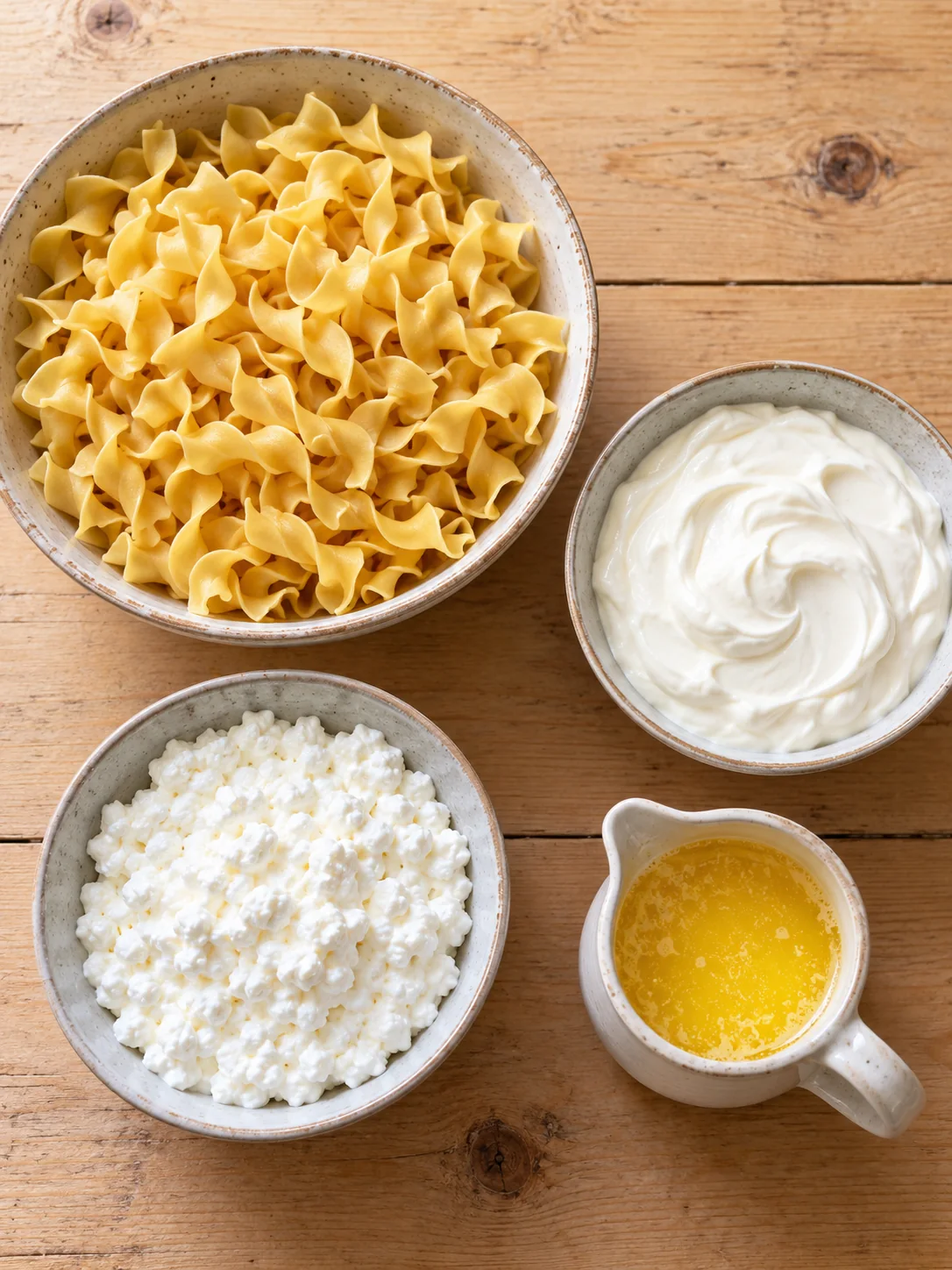 Wide egg noodles sour cream cottage cheese and melted butter for the casserole