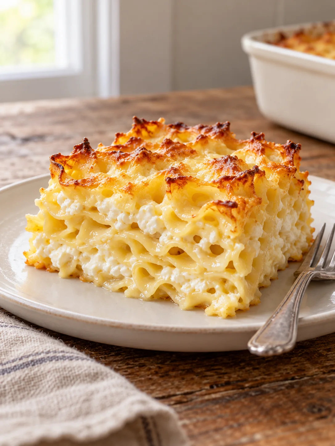 A plated serving of golden creamy layered noodle casserole