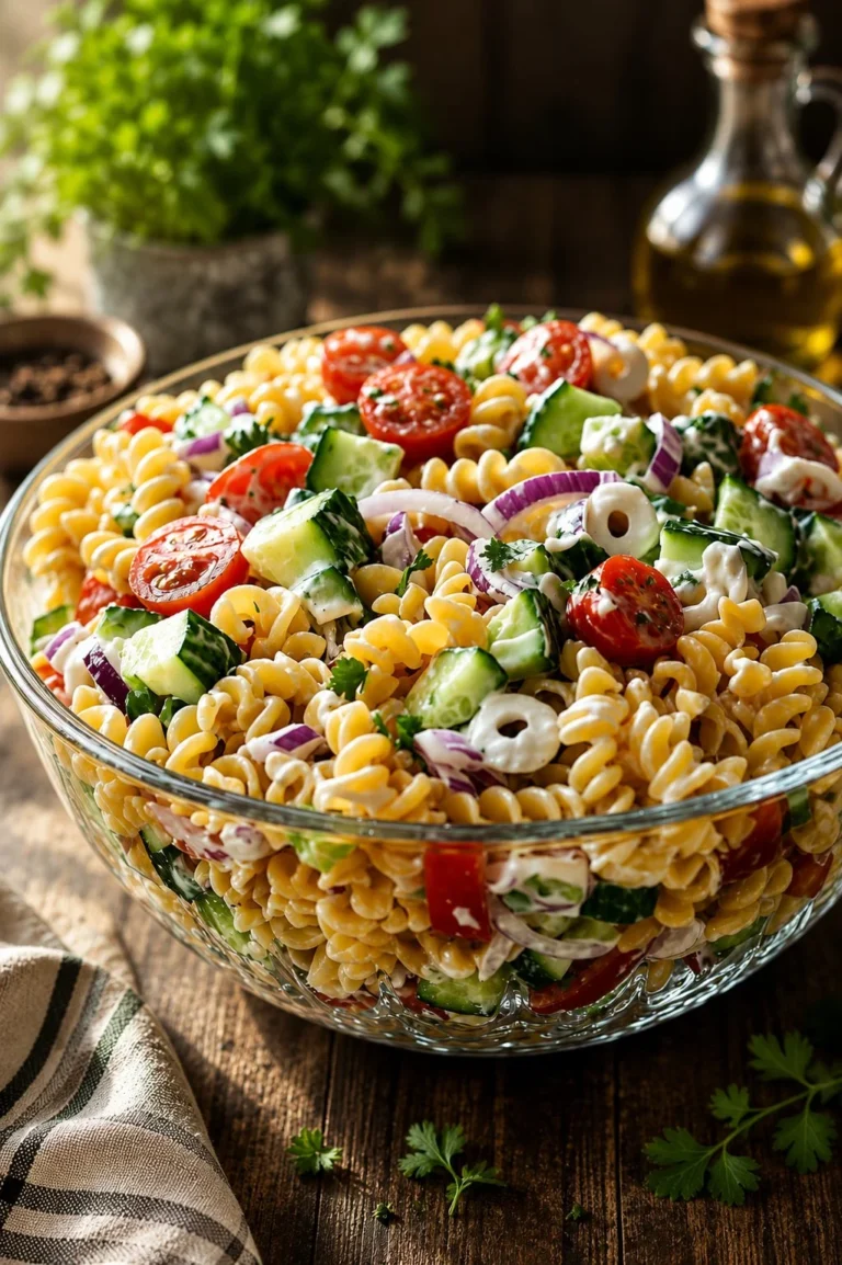 Colorful layered pasta salad bowl with fresh vegetables and dressing