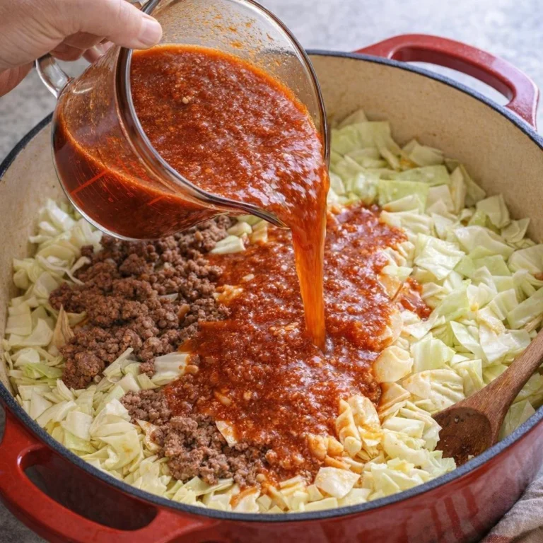 Lazy Cabbage Roll Dutch Oven Casserole served in a dish with fresh herbs