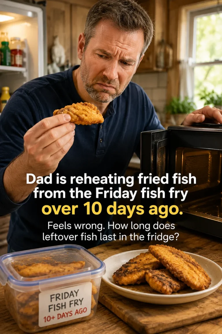 Airtight container of leftover fried fish stored inside a refrigerator