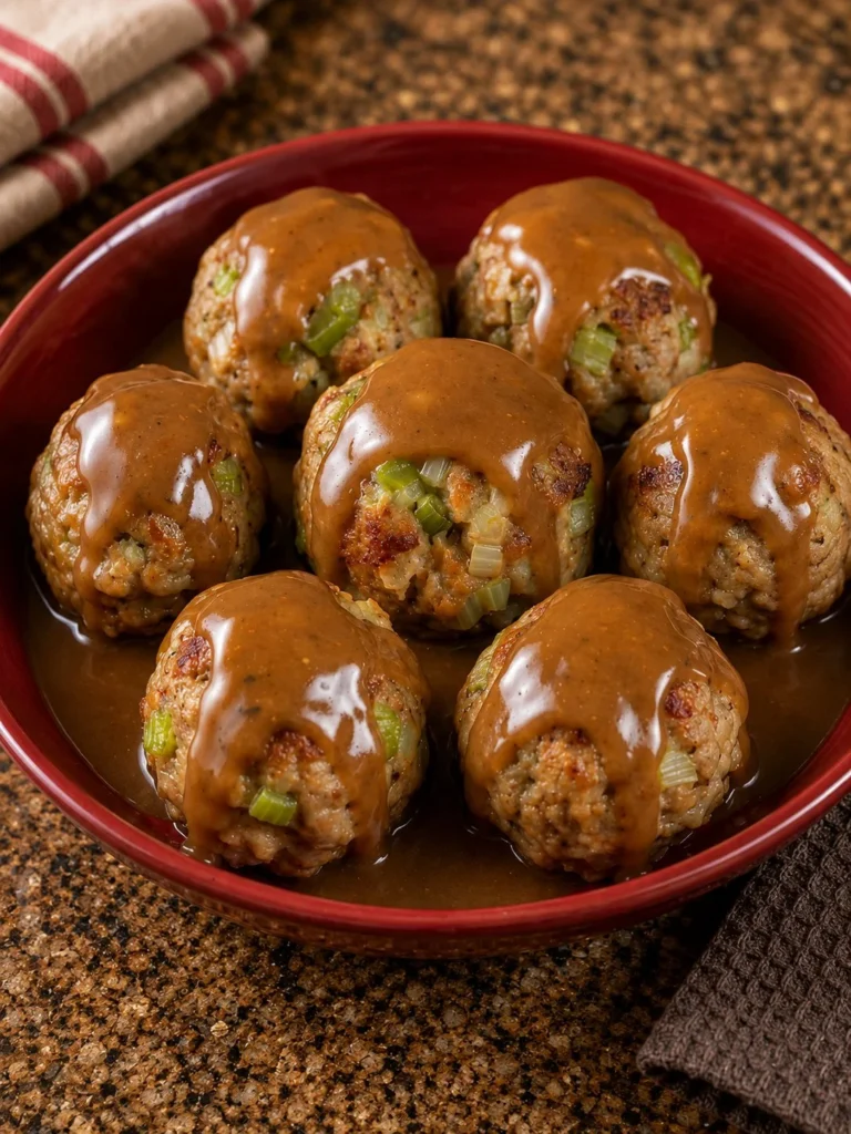 Delicious turkey stuffing balls made from leftover turkey and spices.