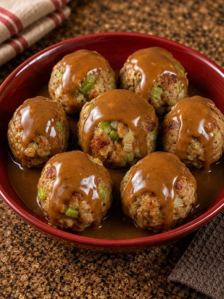 Delicious leftover turkey stuffing balls served on a plate.