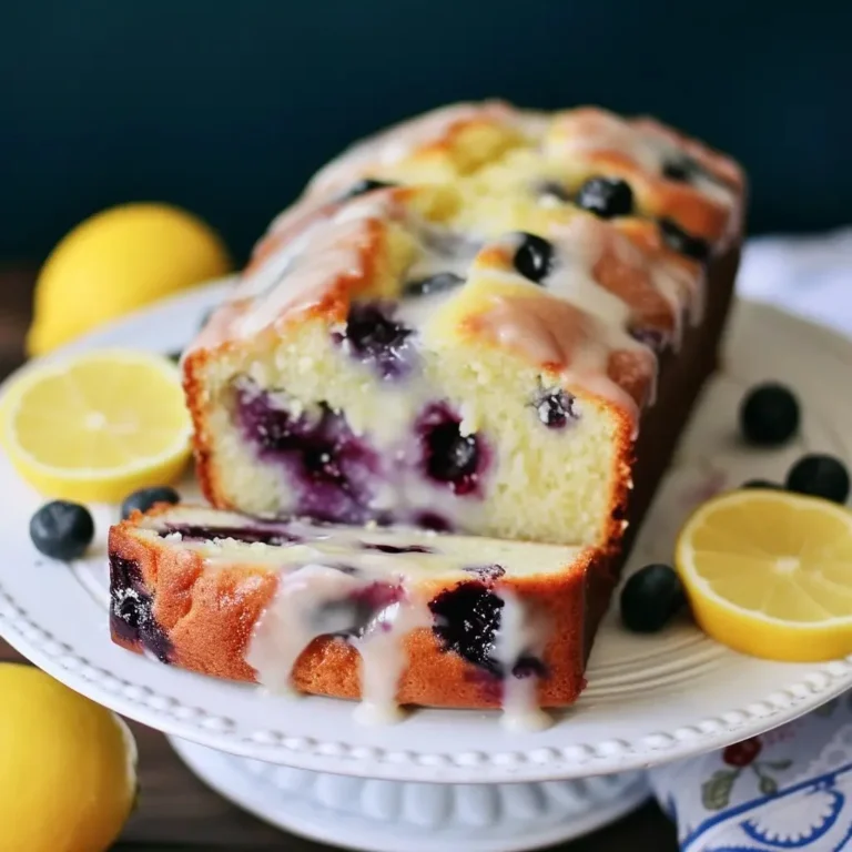 Lemon Blueberry Loaf with a shiny lemon glaze on a wooden table